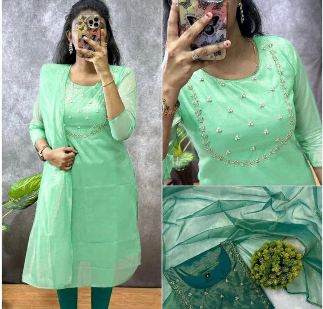 Rani Pink Embroidered Organza Kurti Set with Dupatta 3