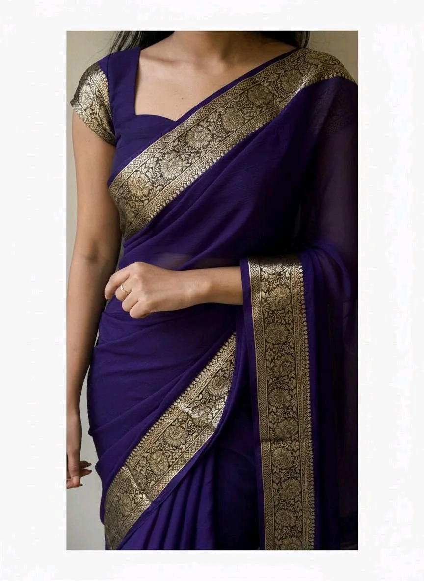 Viscose Crepe Georgette Saree with Golden Zari Border thumbnail 1