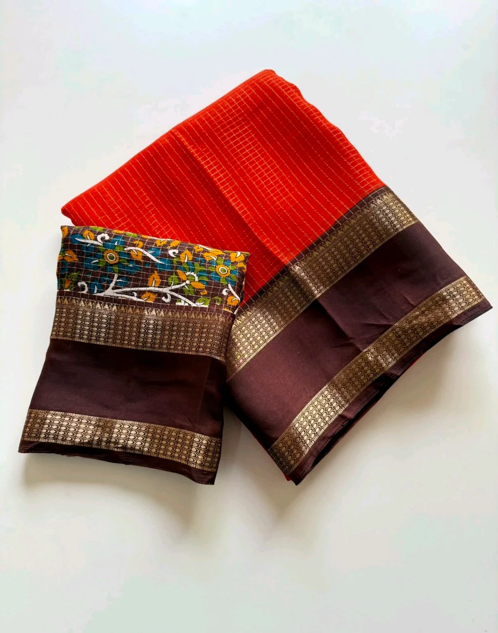 Orange Checked Cotton Blend Saree with Brown Zari Border and Floral Blouse thumbnail 1