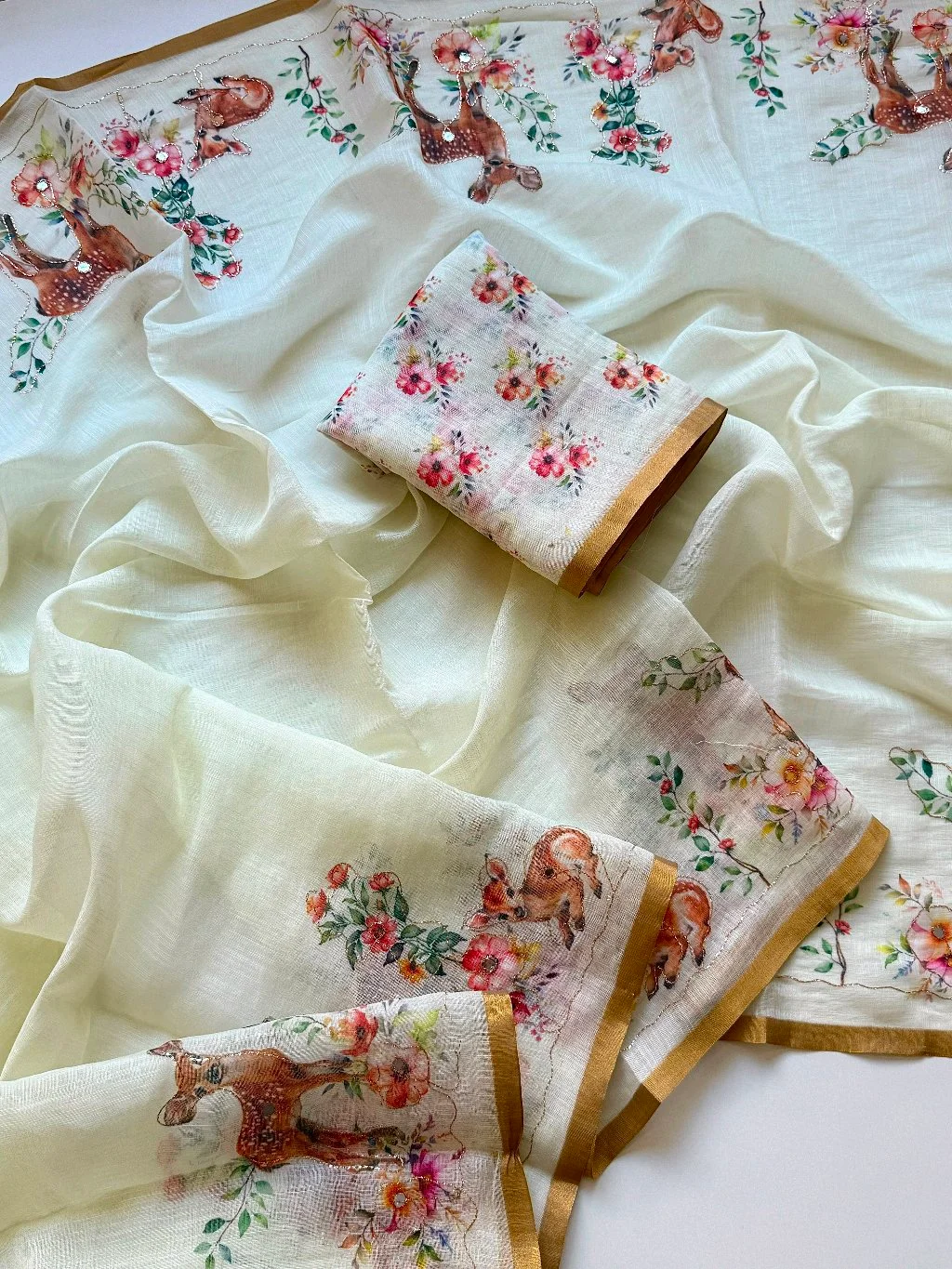 Off-White Cotton Linen Saree with Fawn and Floral Digital Print thumbnail 2