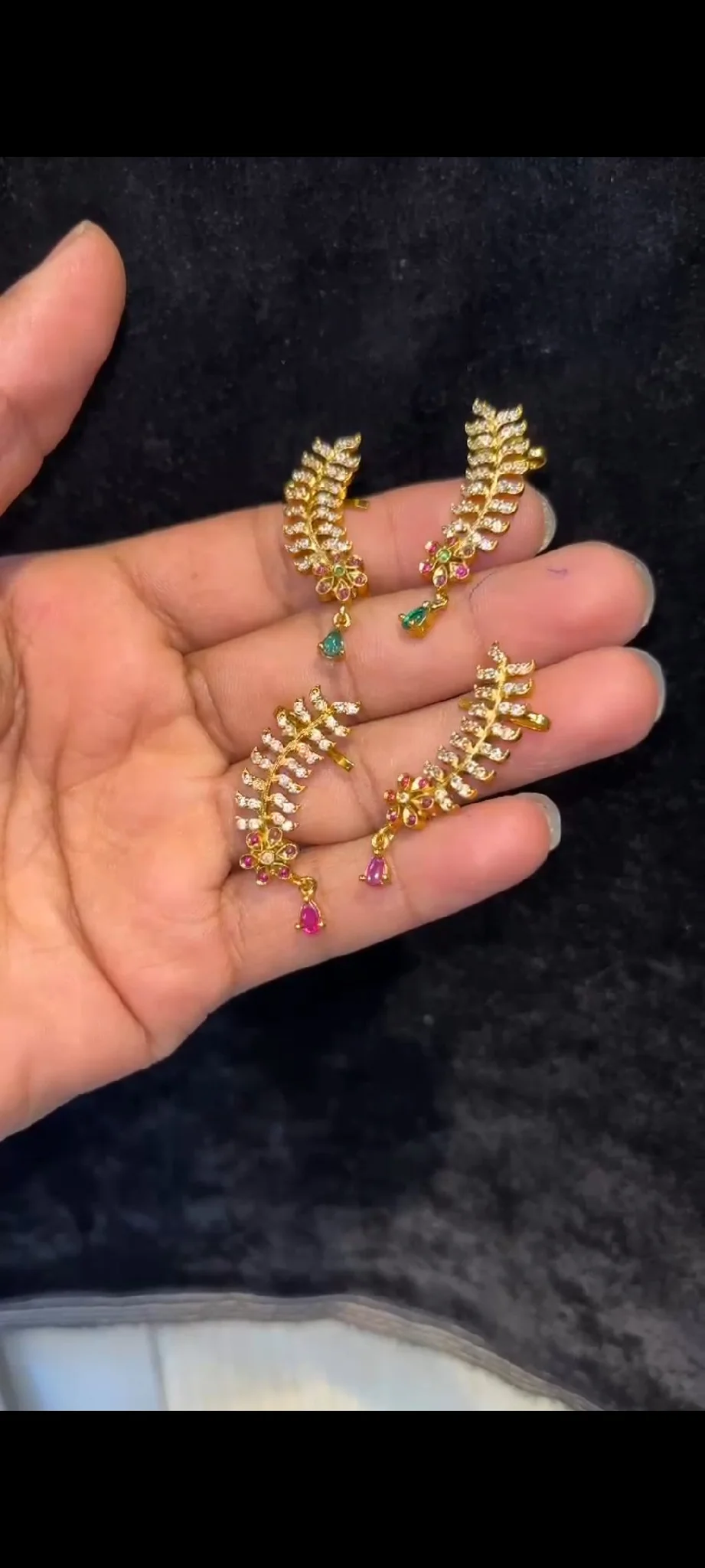 Gold Plated Leaf Design Ear Cuffs with Stone Drops