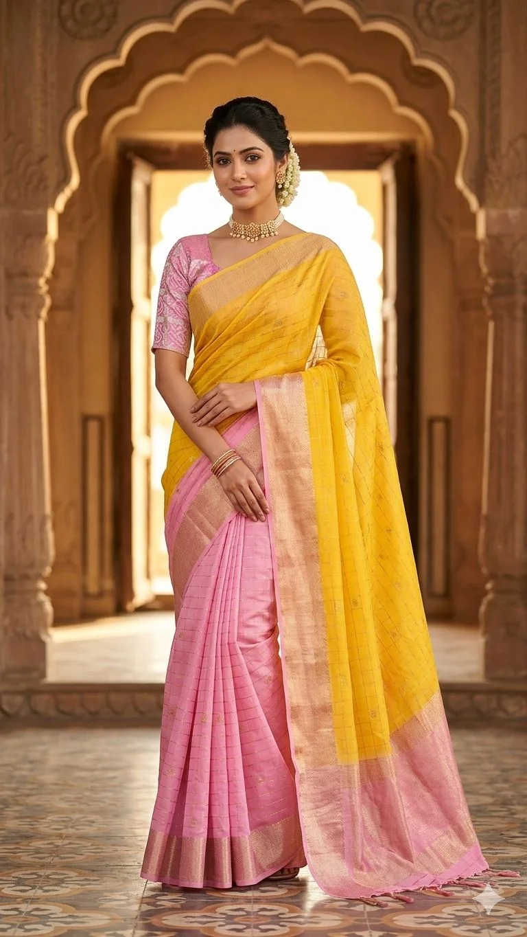 Pink and Yellow Sheded Viscose Chinon Saree, This Saree Is Very Comfortable And Light Weight Super Quality Sarees 1
