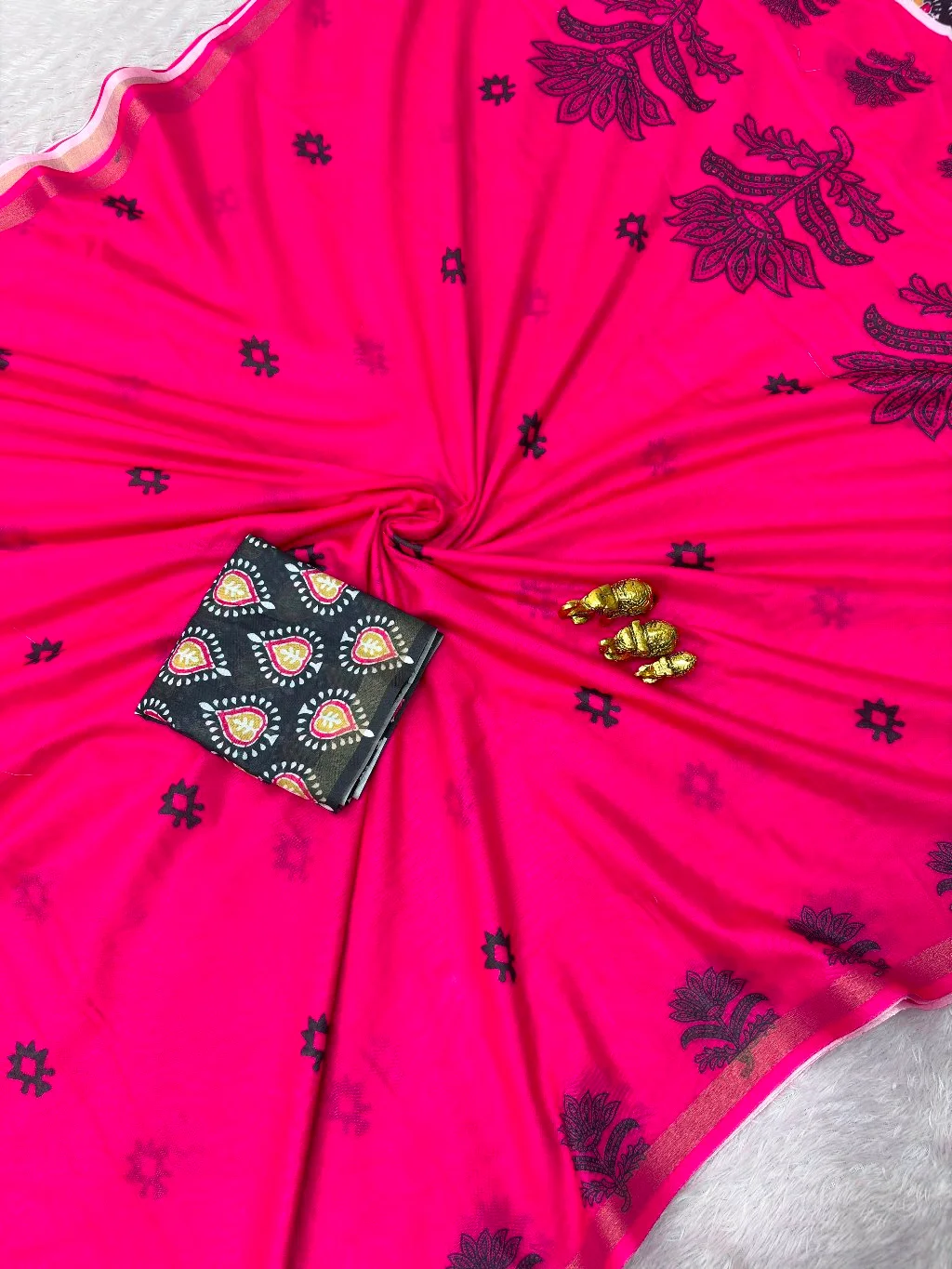 Rani Pink Saree with Black Floral Block Print and Printed Blouse 3
