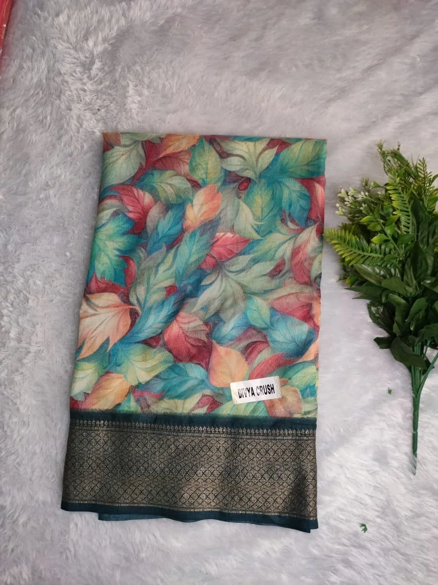 Digital Crush Floral Print Saree with Olive Green Textured Border