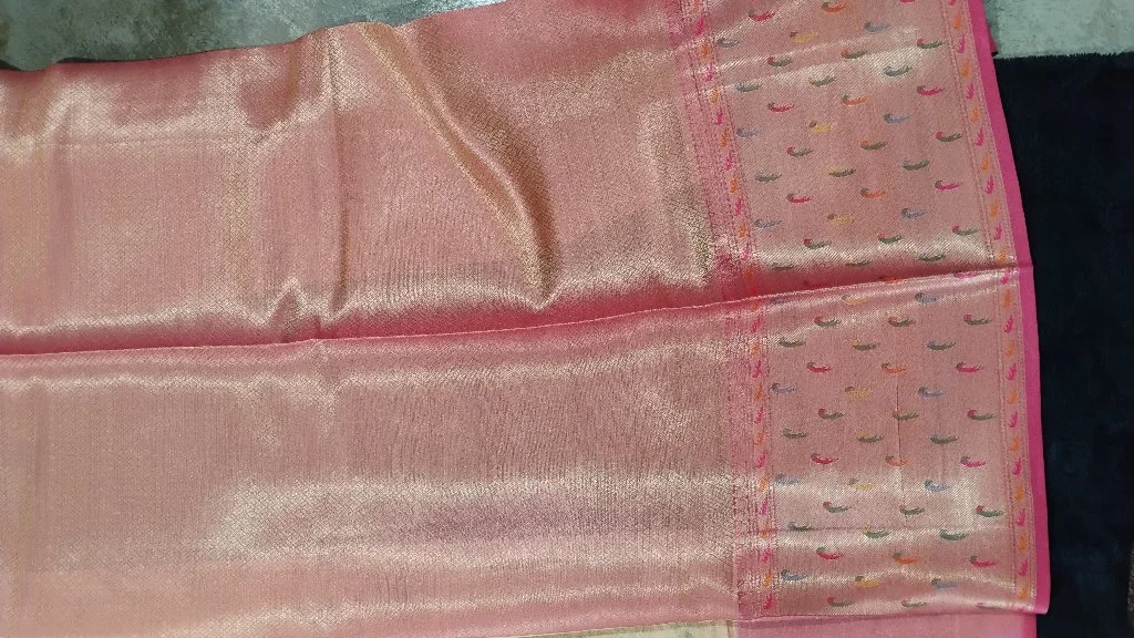 Beige Floral Bird Print Silk Saree with Pink Zari Border 3
