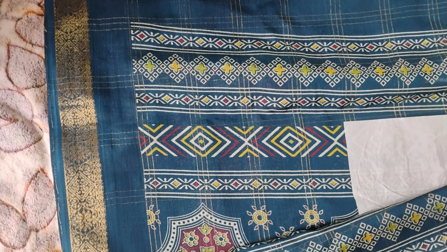 Blue Silk Blend Saree with Gold Checkered Pattern and Floral Print thumbnail 5