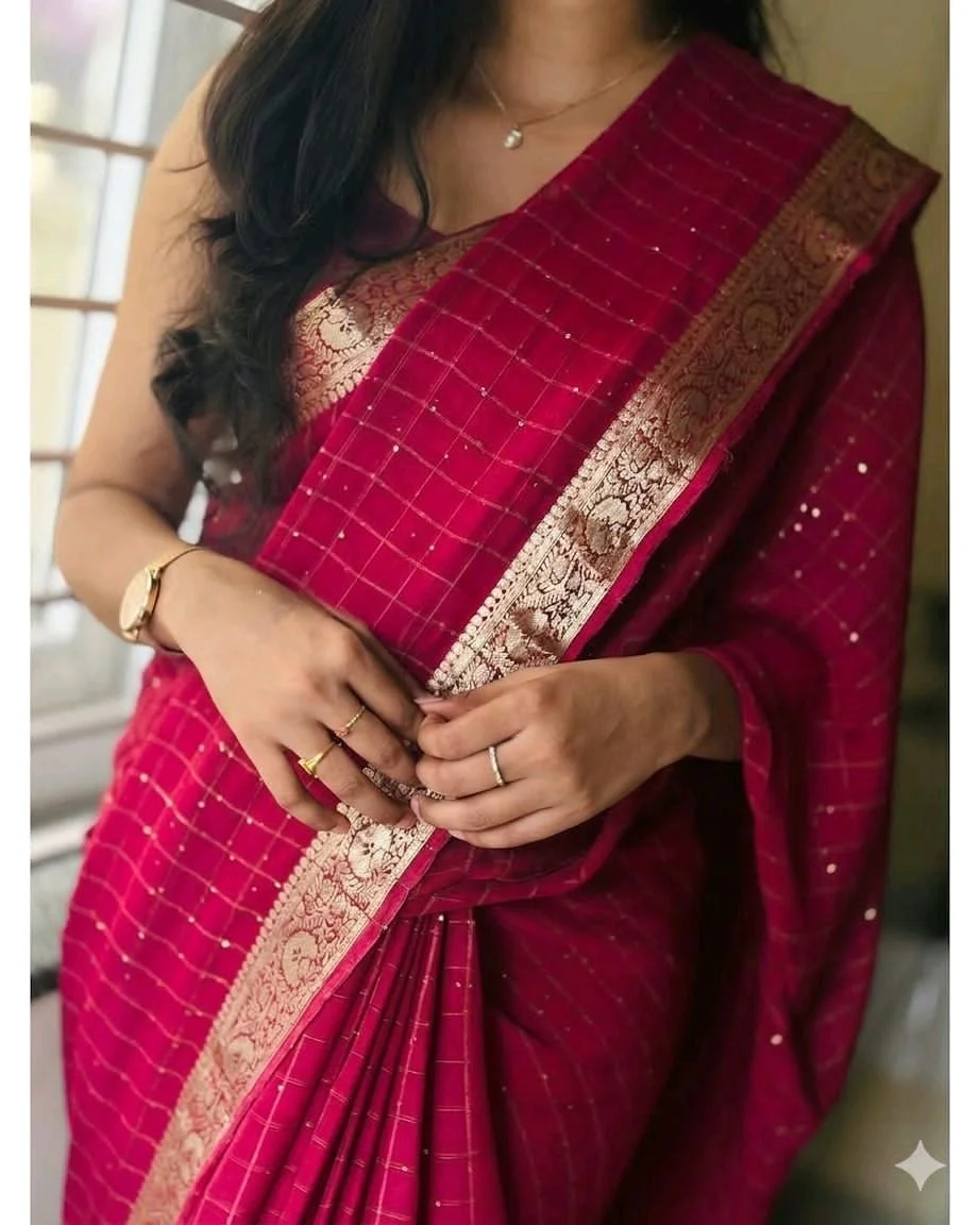 Viscose Georgette Saree with Gold Zari Checks and Border 2