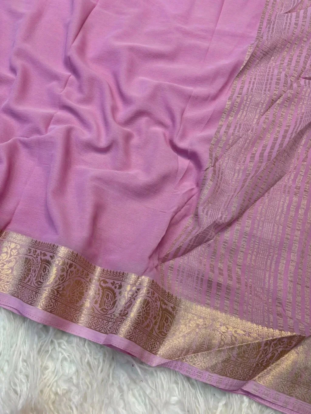 Viscose Crepe Georgette Saree with Gold Zari Border and Striped Pallu 7