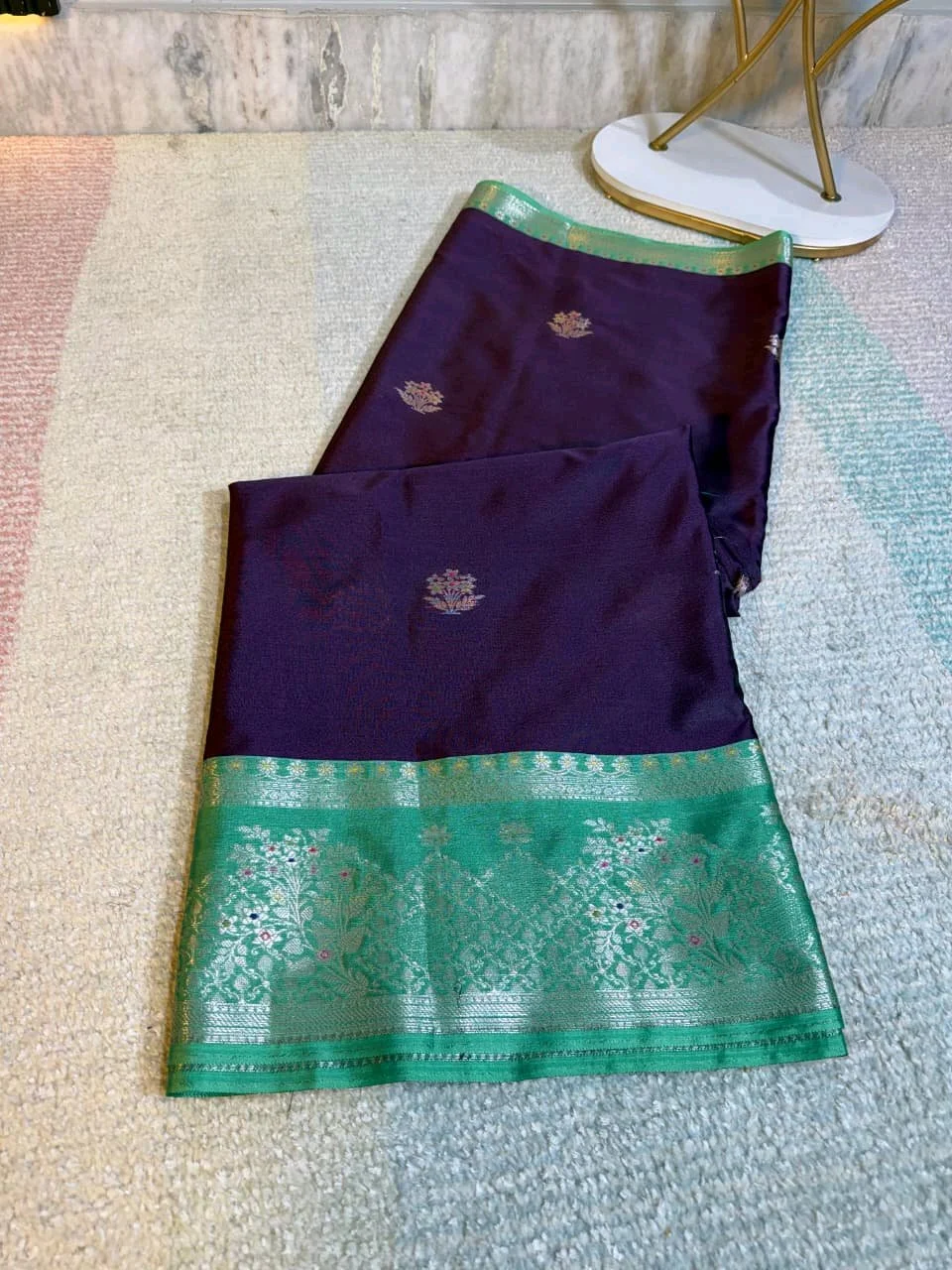 Purple Kanchi Dift Silk Blend Saree with Green Zari Border thumbnail 2