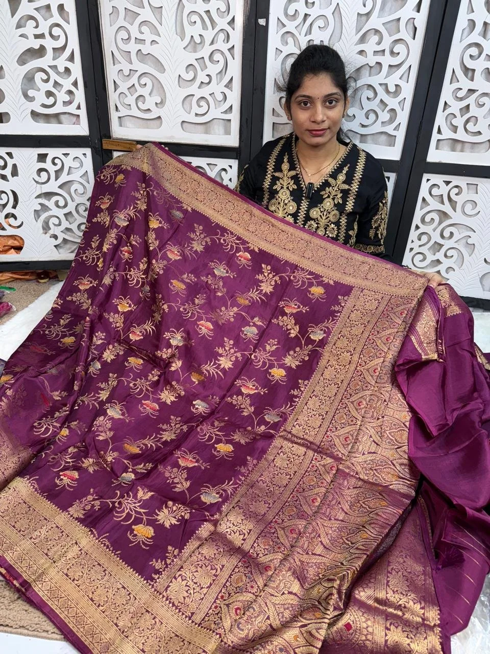 Purple Banarasi Silk Blend Fabric with Gold Zari Floral Weave thumbnail 2