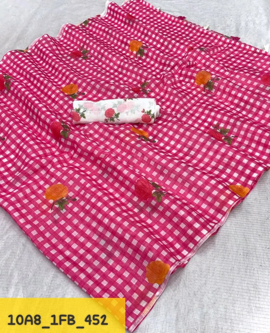 Gingham Cotton Saree with Fruit Print and White Blouse thumbnail 3