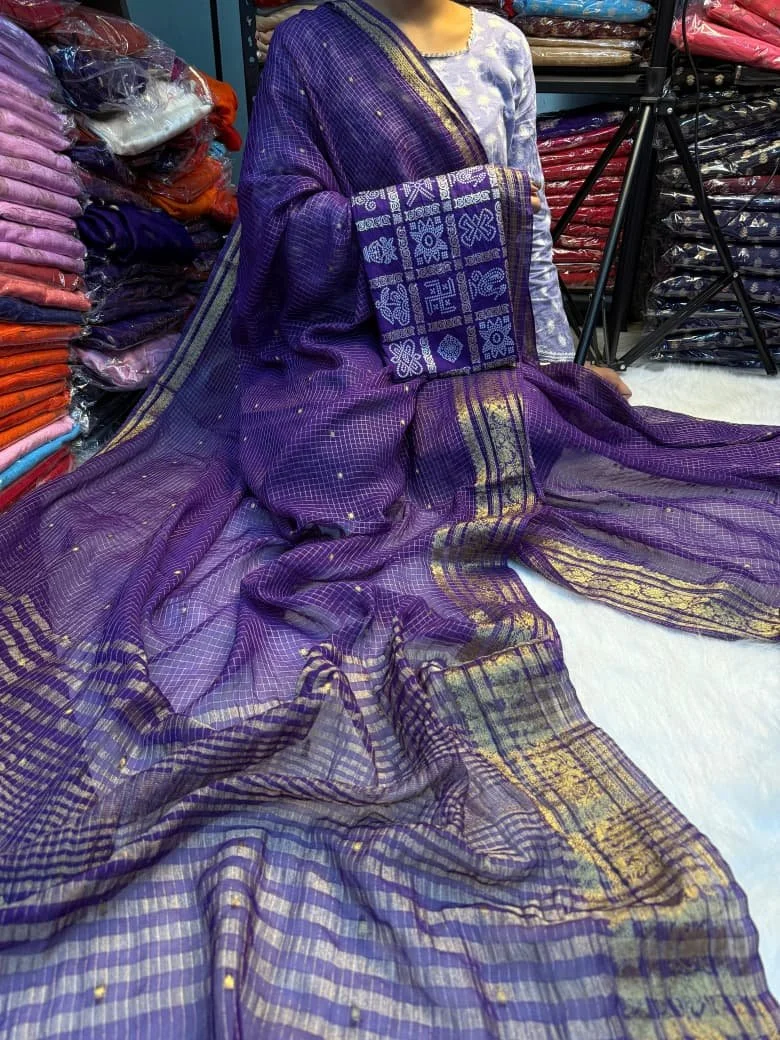 Purple Viscose Georgette Saree with Chex Weave and Block Print Blouse Piece