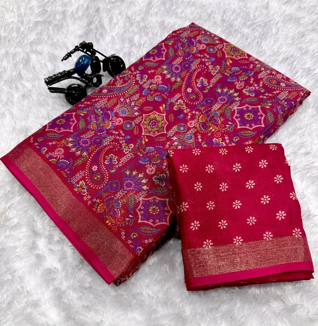 Deep Pink Paisley Floral Print Saree with Zari Border 1