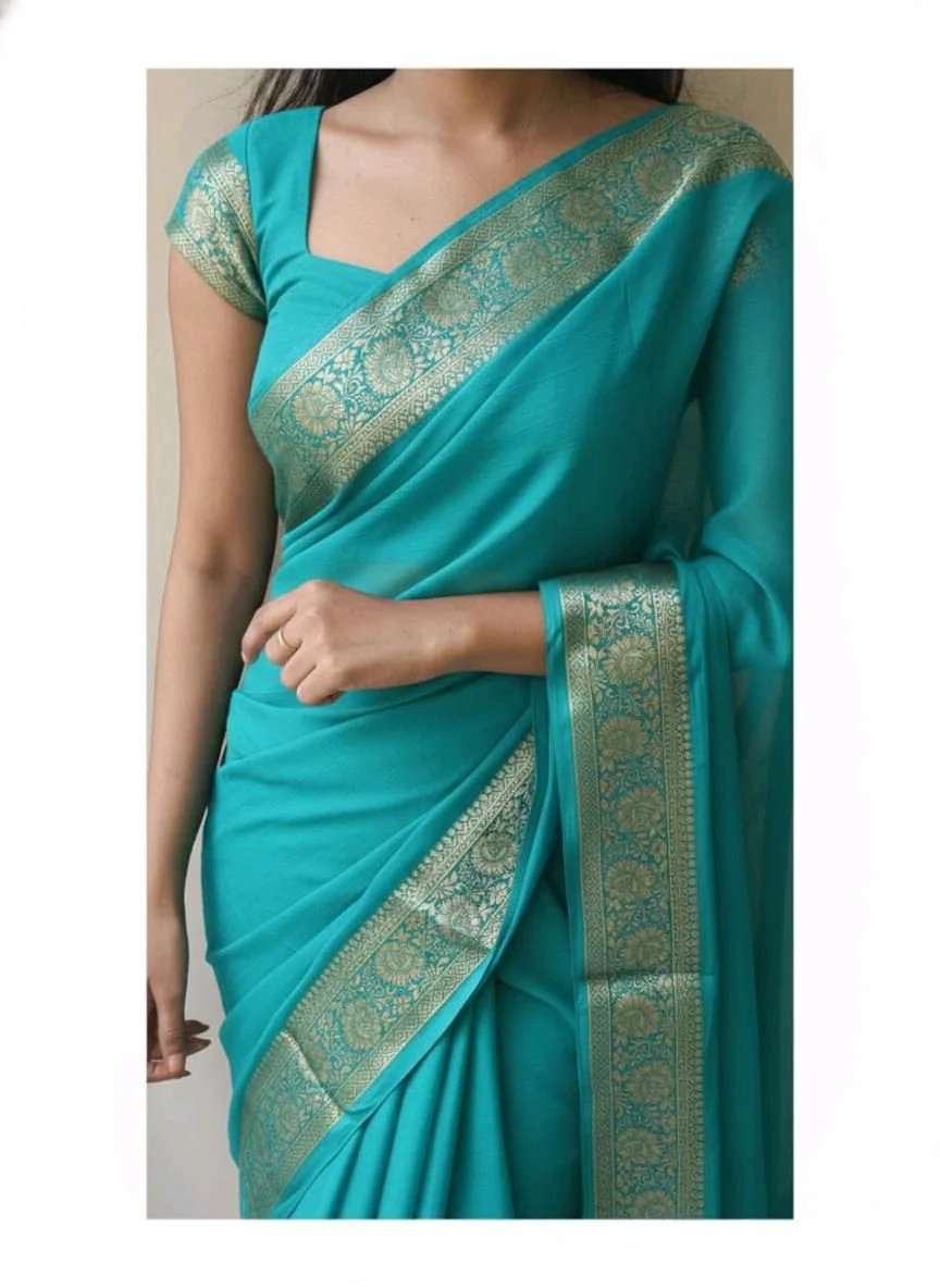 Viscose Crepe Georgette Saree with Golden Zari Border thumbnail 4