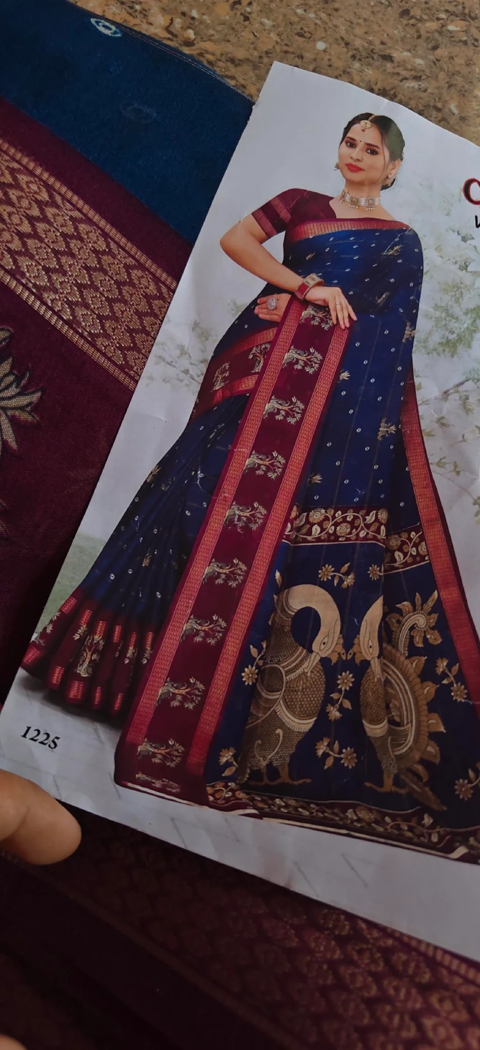 Teal Blue Peacock Tree Motif Saree with Maroon Zari Border thumbnail 3