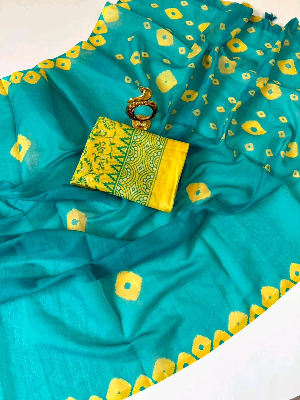 Teal Blue Cotton Saree with Yellow Bandhani Print thumbnail 4