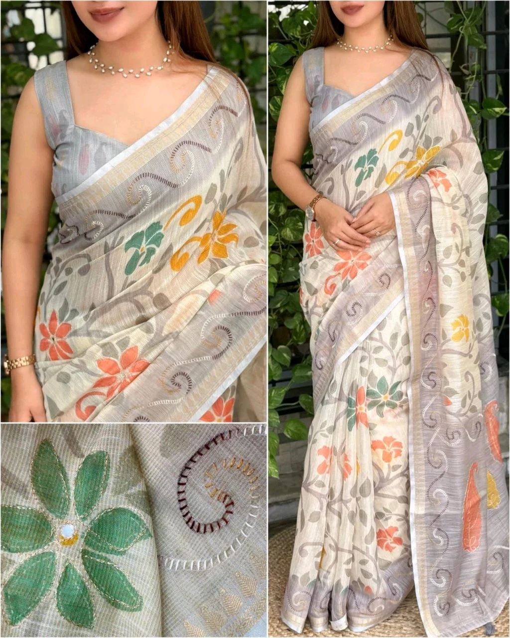 NC Cotton Floral Print Saree with Pink Embroidered Border 6