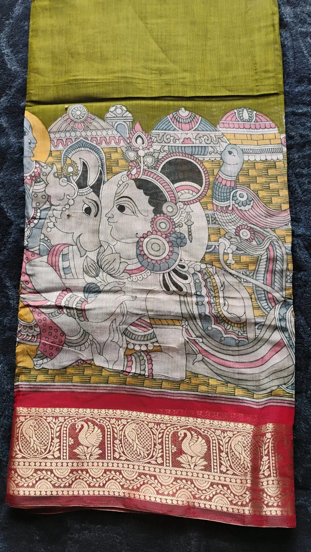 Mangalagiri Kalamkari Olive Green Saree 5