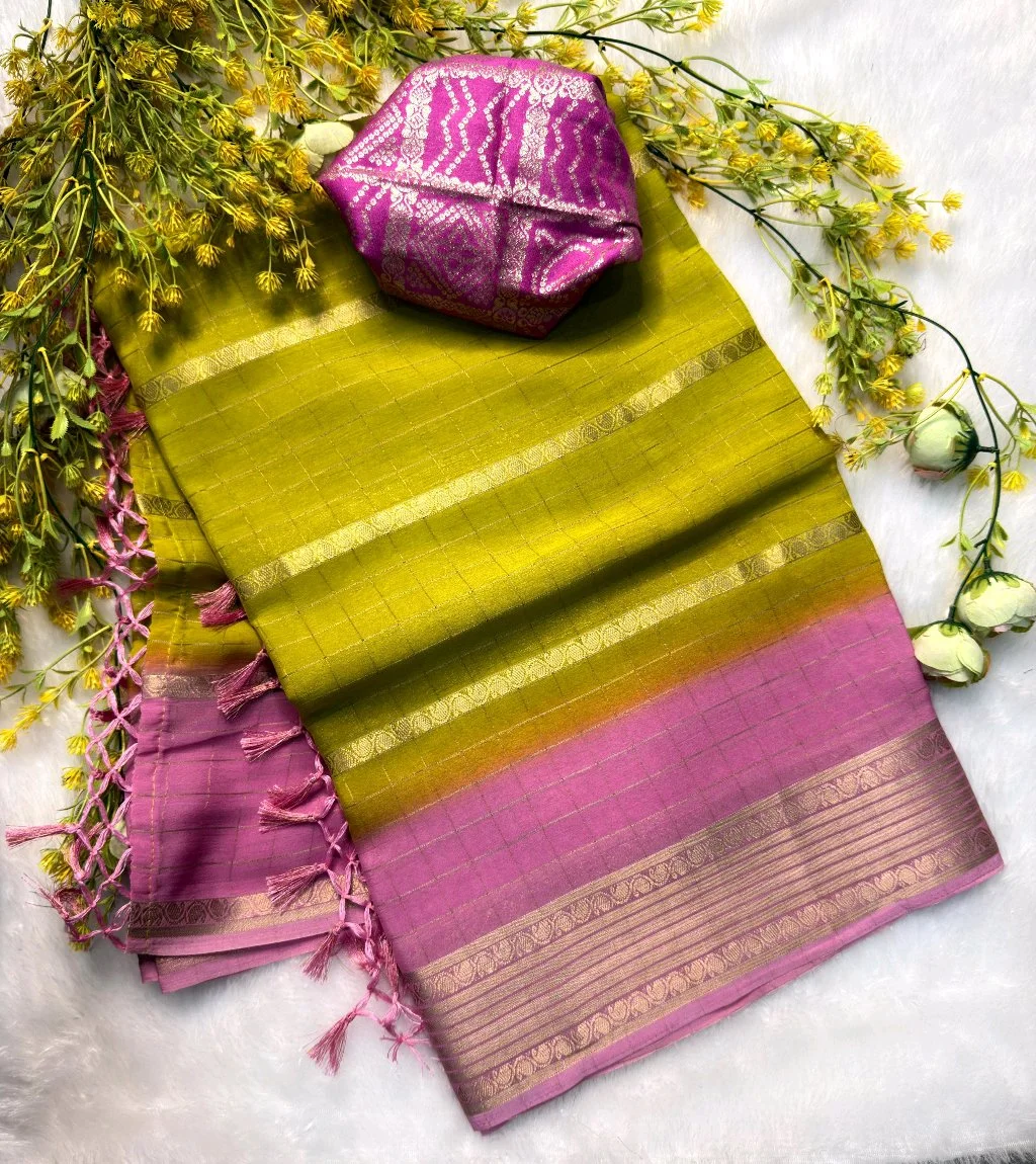 Viscose Chunon Saree with Gold Zari Border and Bandhani Blouse 2