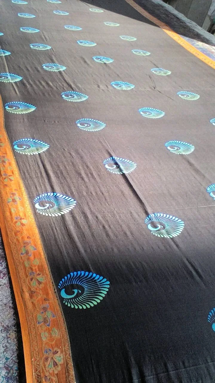 Lime Green Fabric with Purple Floral Block Print thumbnail 3