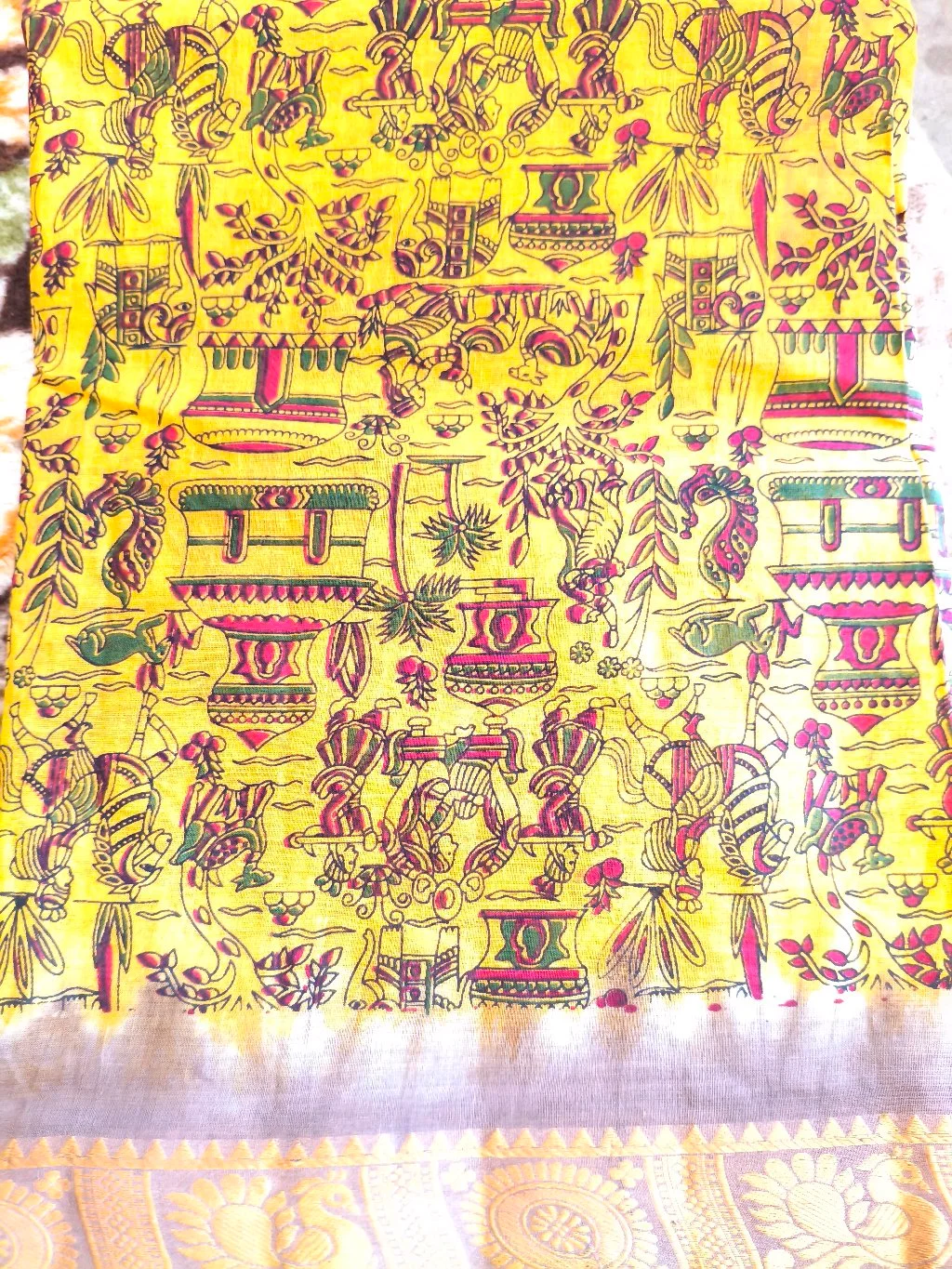 Yellow Kalamkari Style Cotton Saree with Floral Blouse Piece thumbnail 2