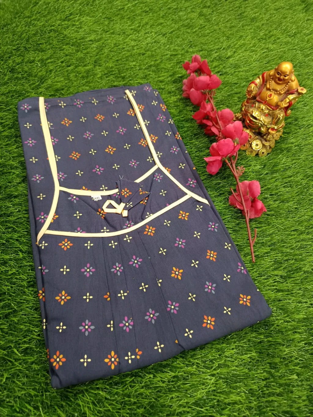 Dark Blue Floral Print Cotton Nighty