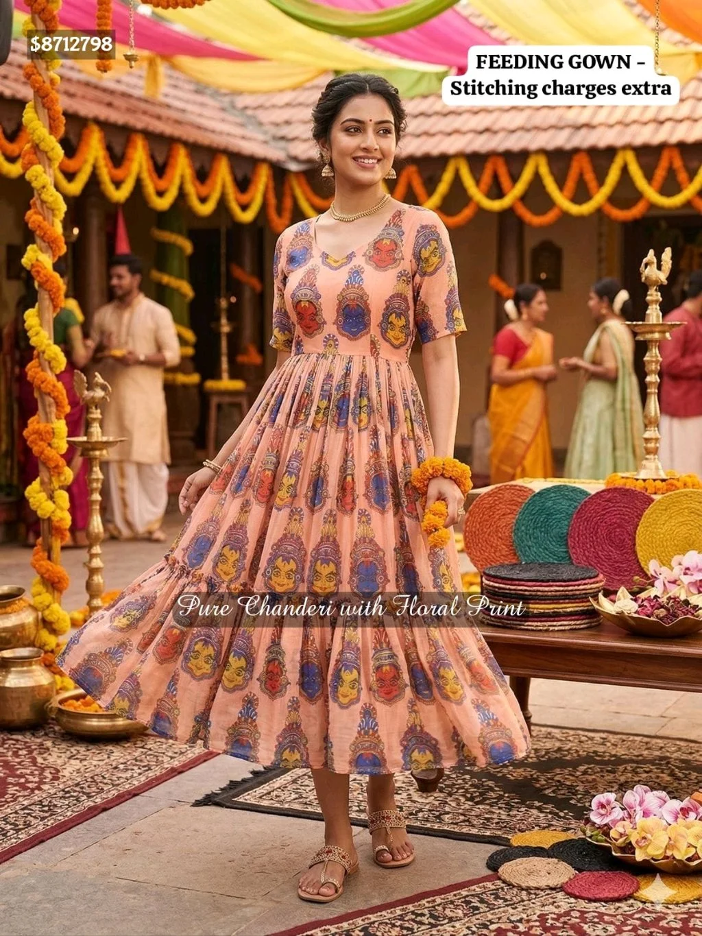 ATB Saree's From the house of CF Saree's Launching Exclusive Chanderi Silk Floral Printed Collection's $8712798New Launching Summer Special Kalamkari Midi Gowns. MATERNITY / FEEDING FROCK OPTION ALSO AVAILABLE.GownGown Fabric : Pure Chanderi Gown Work : Floral PrintedStitchingSize:- M Up to L XL Up to XXL (Fully Stitched) Length : 48" Shoulder : 15 Flair : 3.5 MTR Lining : Micro CottonFeeding Gown Stitching Charges Extra: 150/- Wow Price @1000 Free Ship 100% Orignal Quality We Promise PQR Price Quality and Range Single and Multiples Available Note - colors may vary slightly due to photography and display strictly no exchange or return for color variations unpacking video must for any sort of complaint. 3