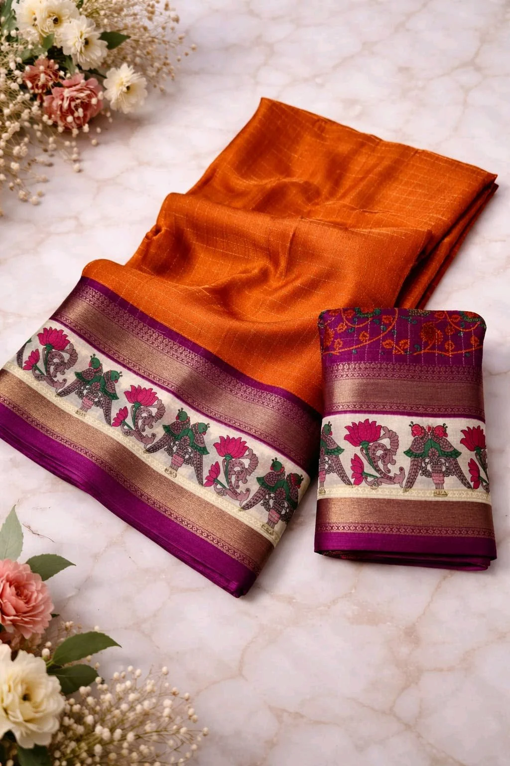 Mysore Silk Saree with Peacock and Lotus Border thumbnail 1