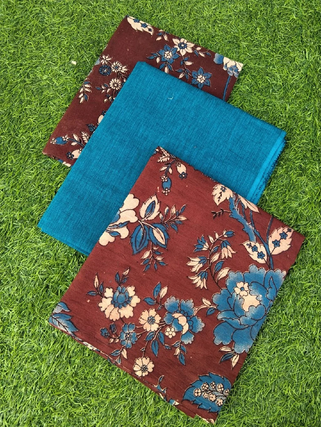 Red Kalamkari Floral Print Cotton Dress Material Set 3