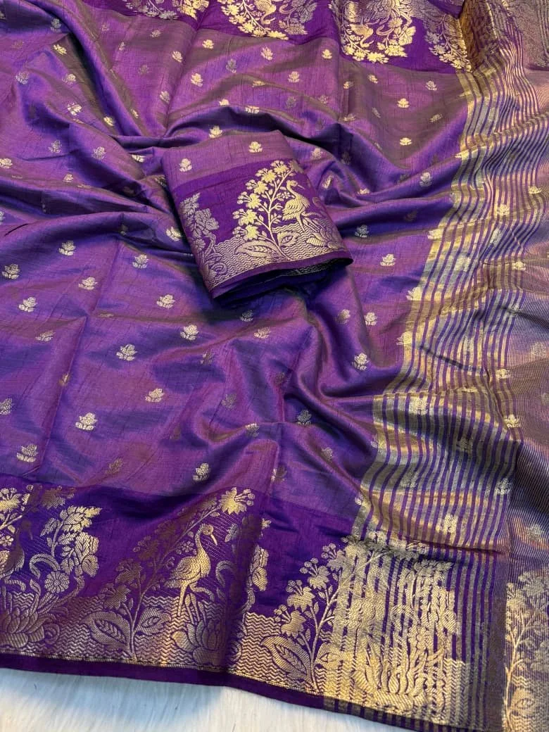 Soft Tusser  Silk Saree with Gold Zari Bird and Floral Motifs 6
