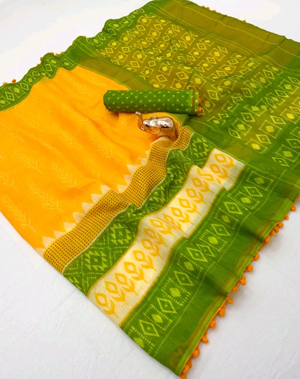Yellow and Red Printed Saree with Pom Poms 8