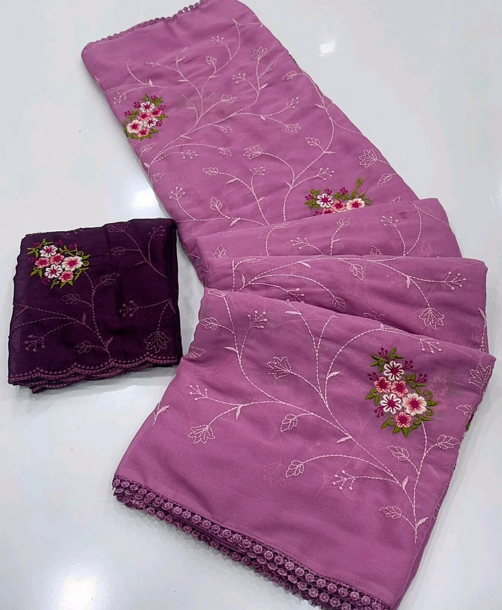 Georgette Saree with Floral Embroidery Design thumbnail 2