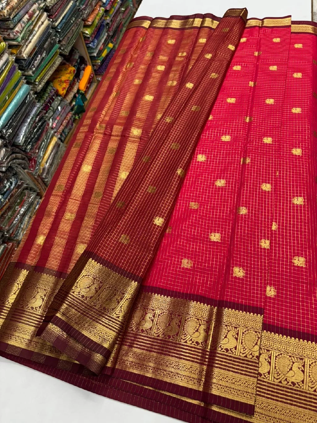 Orange Kanchipuram Semi Silk Saree with Peacock Zari Border 3
