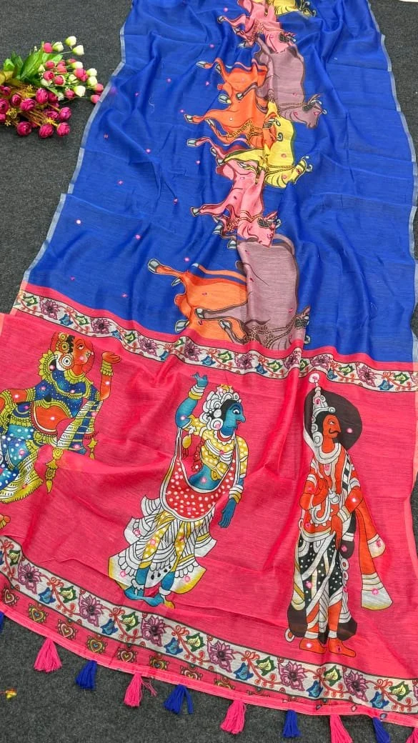Horse Print Mirror Work Saree with Tassels 6