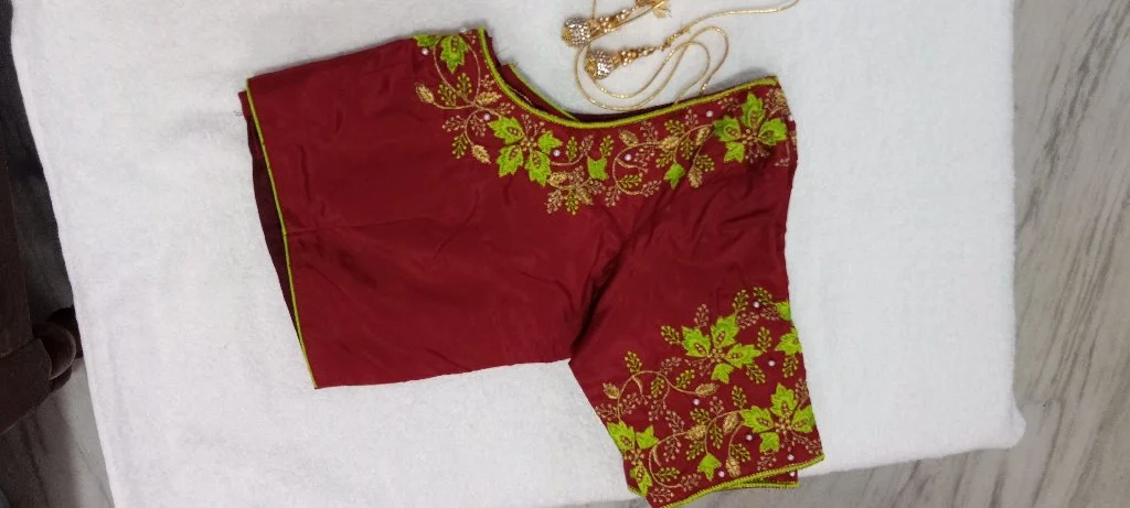 Maroon Embroidered Blouse with Green and Gold Work