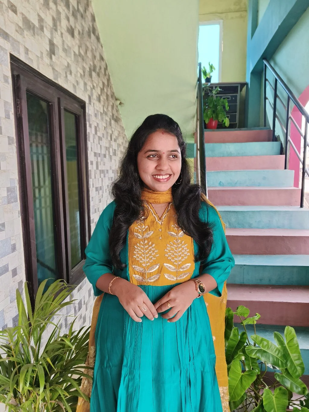 Teal and Mustard Embroidered Kurta Set thumbnail 2