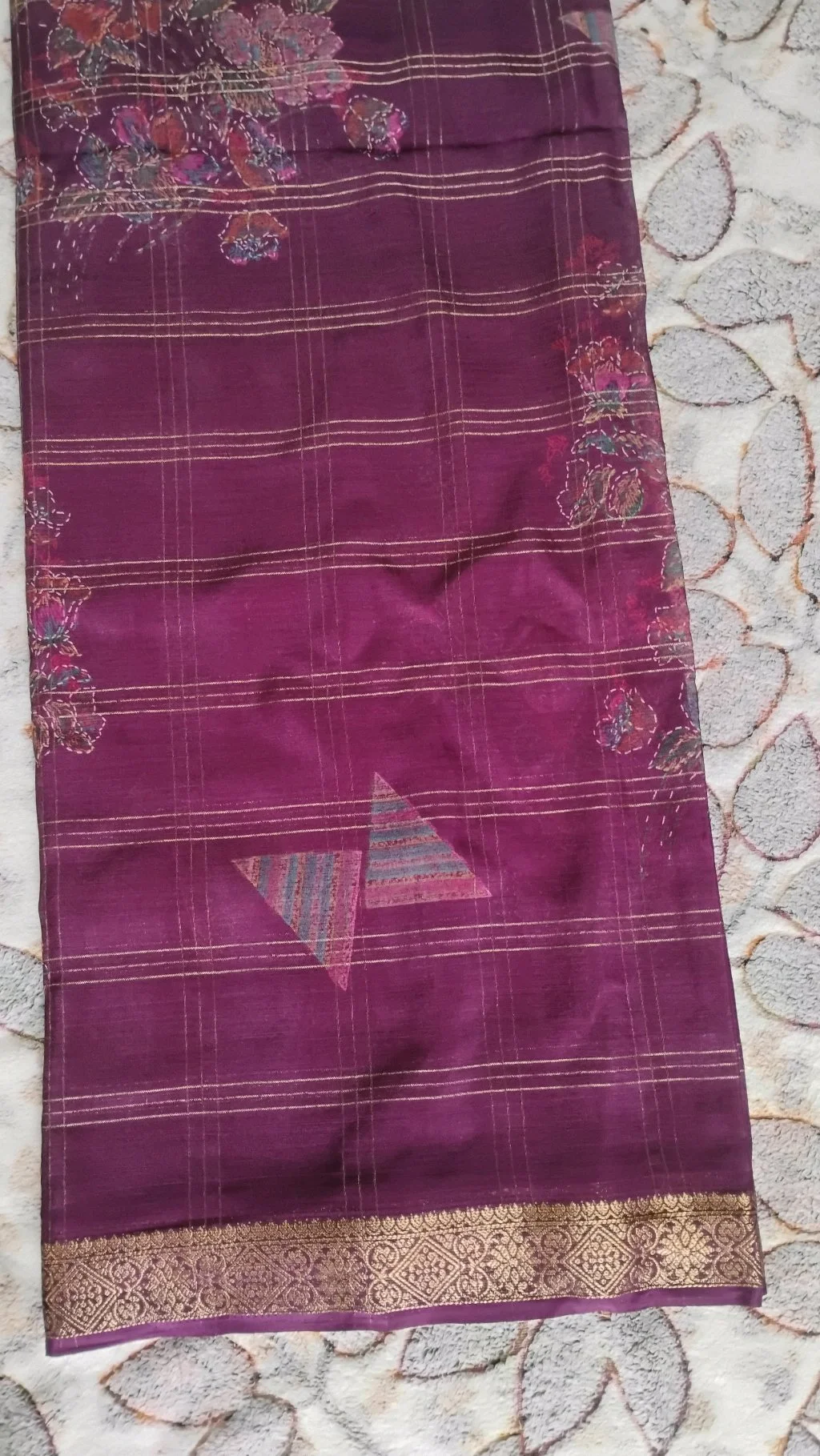 Purple Silk Blend Saree with Gold Checkered Pattern and Floral Print thumbnail 3