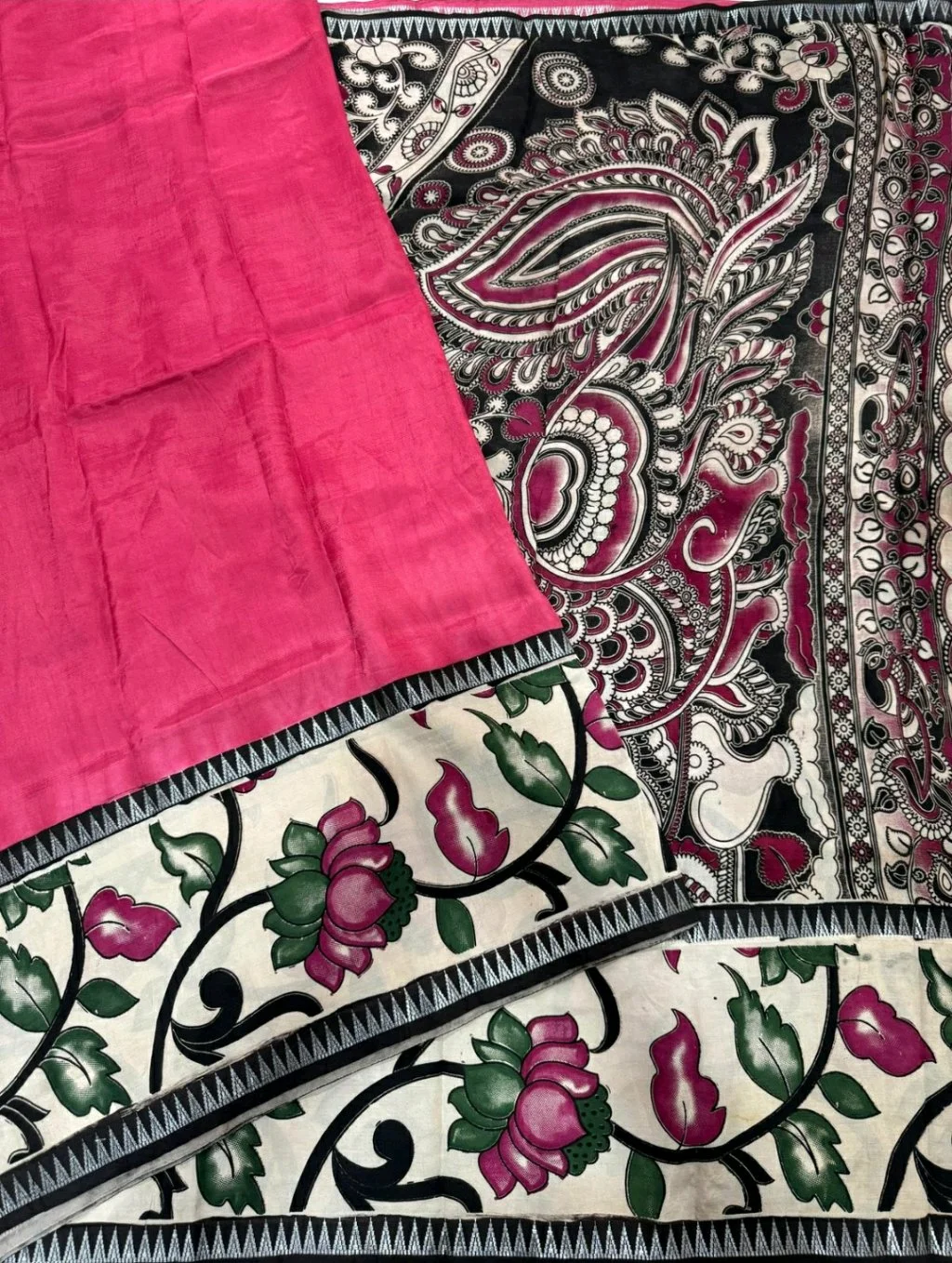 Red Mangalagiri Pattu Saree with Kalamkari Peacock Design thumbnail 4