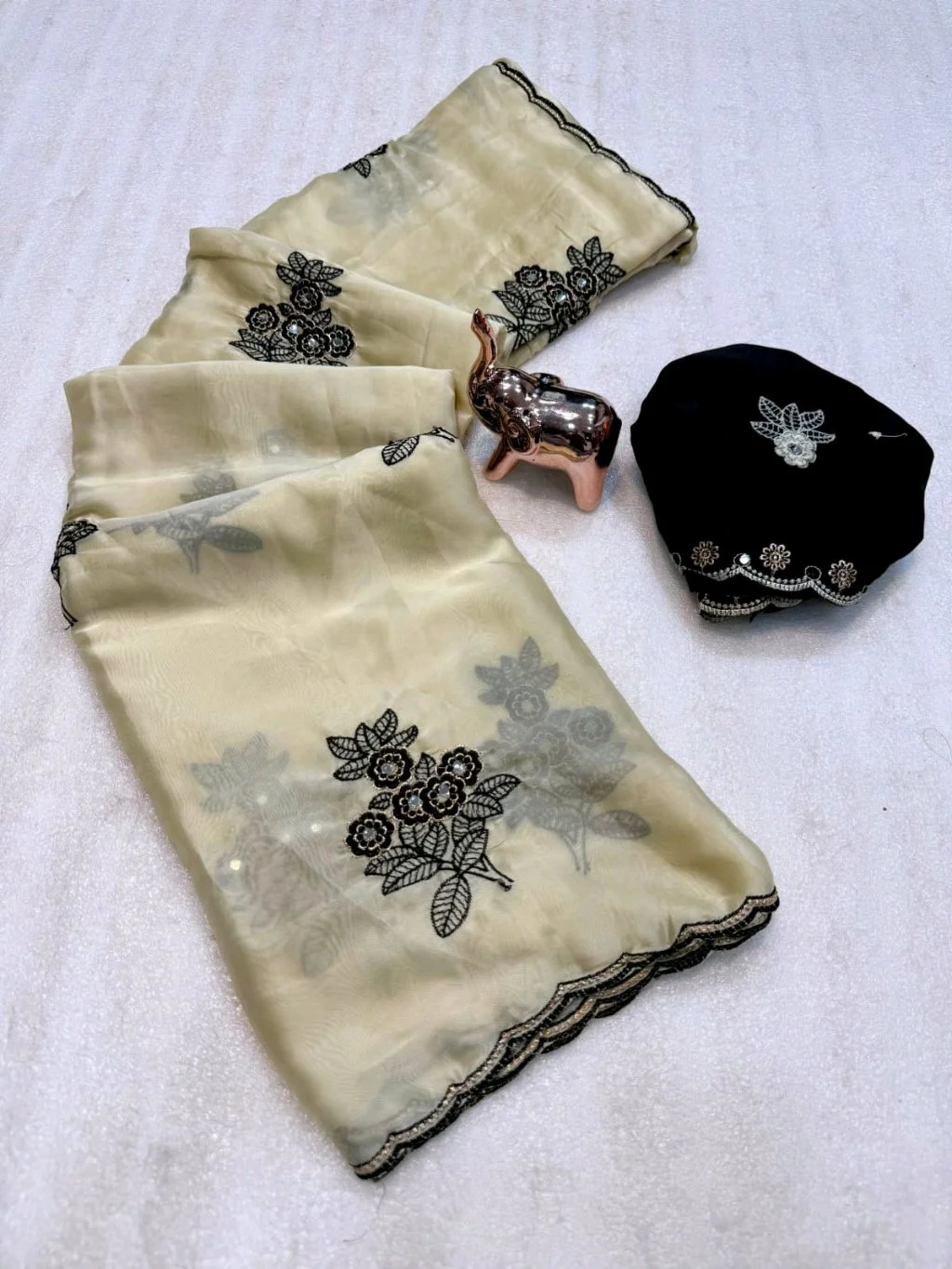 Rangoli Silk Saree with Black Floral Embroidery and Designer Blouse thumbnail 6