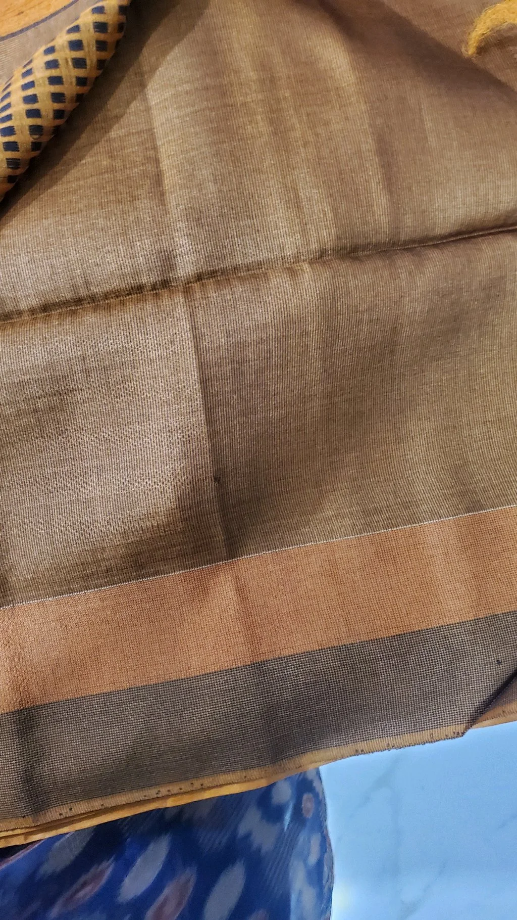 Mustered Yellow  testured With Thread Work Tusser Silk Saree with Striped Border 4