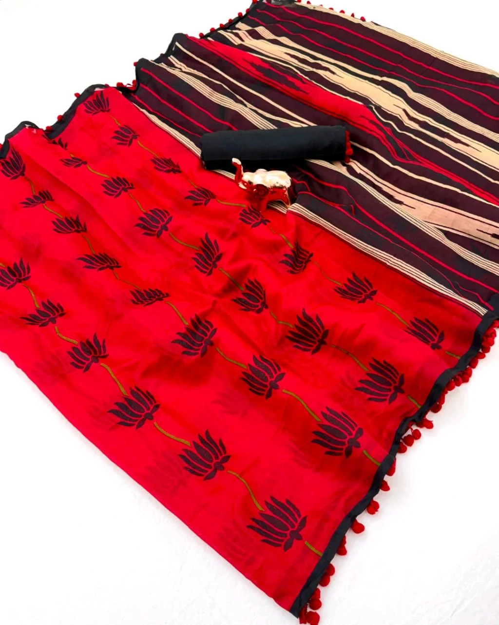 Yellow and Red Printed Saree with Pom Poms 6