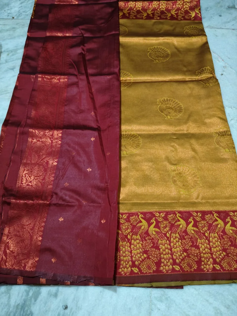 Golden Yellow and Maroon Silk Saree w1ith Peacock Zari Work and maroon buta blouse thumbnail 1