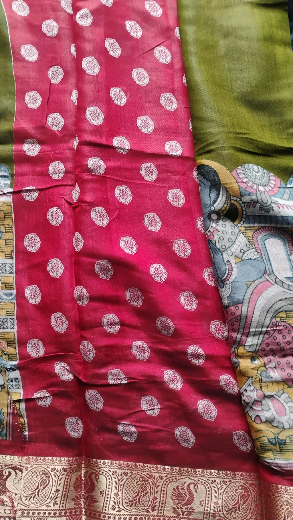 Mangalagiri Kalamkari Olive Green Saree 3