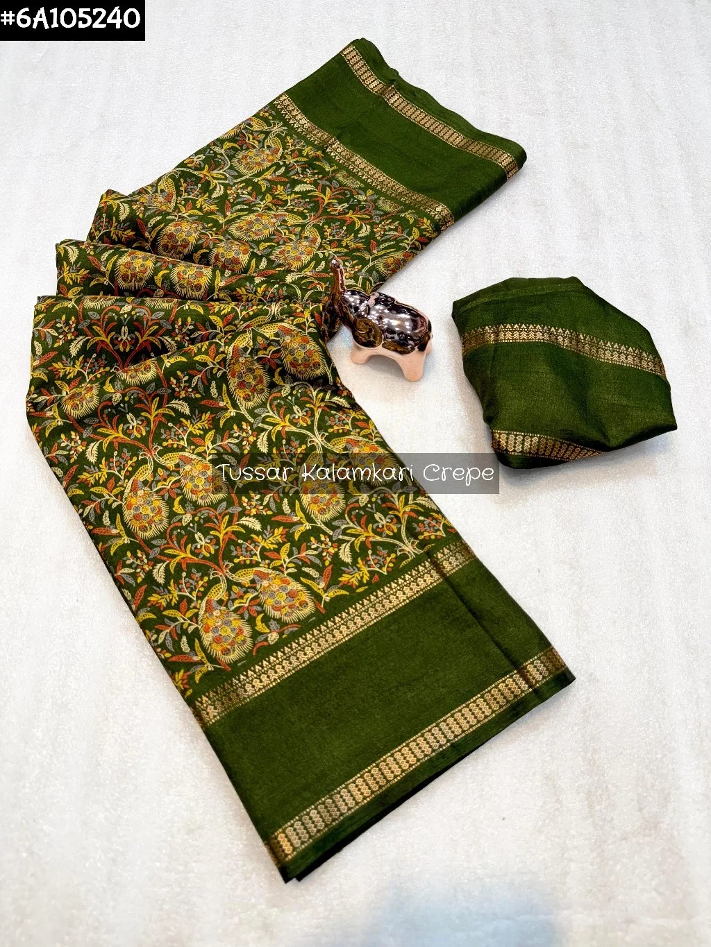 Blue Tussar Kalamkari Crepe Saree with Zari Border 2