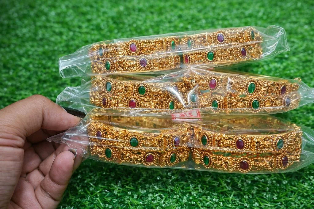 Gold Toned Temple Design Bangles with Green and Maroon Stones Size 2.4 Size 2.6 Size 2.8 thumbnail 3