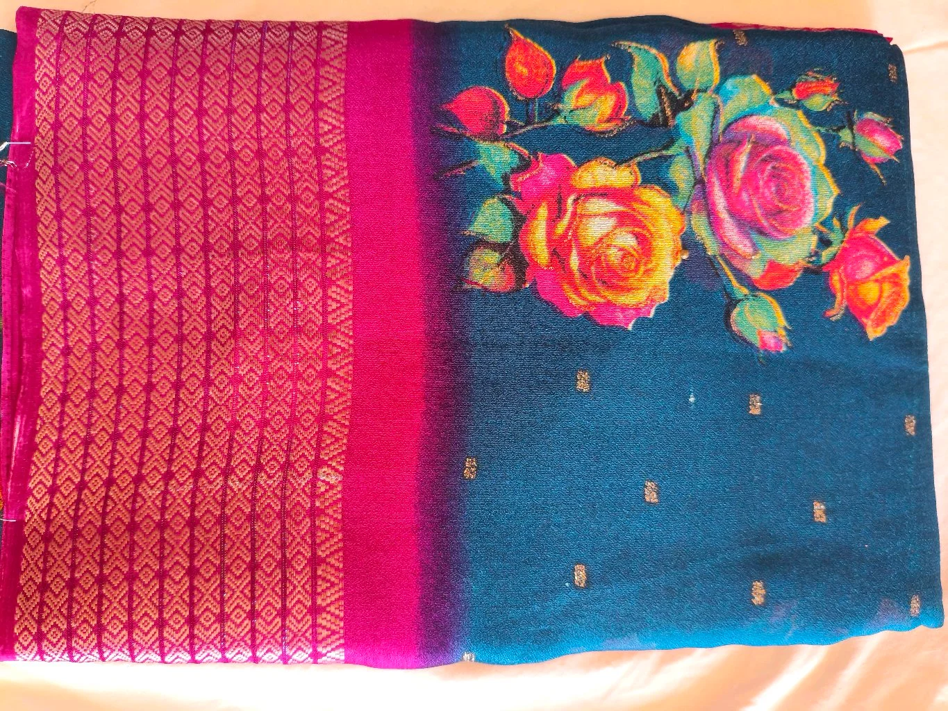 Dark Teal Floral Print Saree with Pink Woven Border
