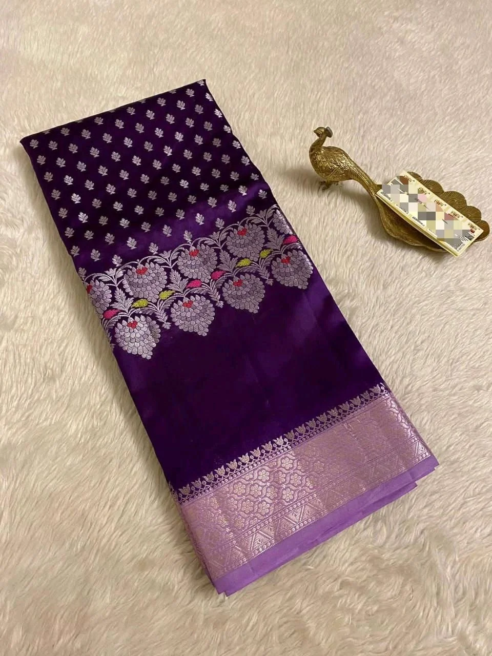 Banarasi Katan Silk Blend Saree with Floral Silver Zari Weave 4