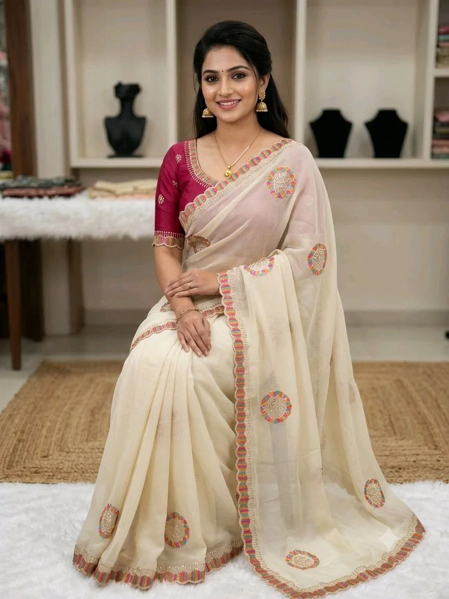 Cream Lightweight Saree with Multicolor Scalloped Embroidery 3
