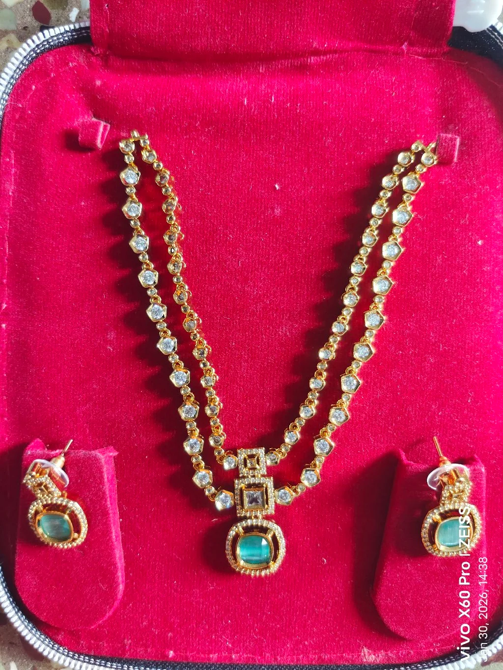 Gold Plated Two Layer Necklace Set with Green Stone Pendant