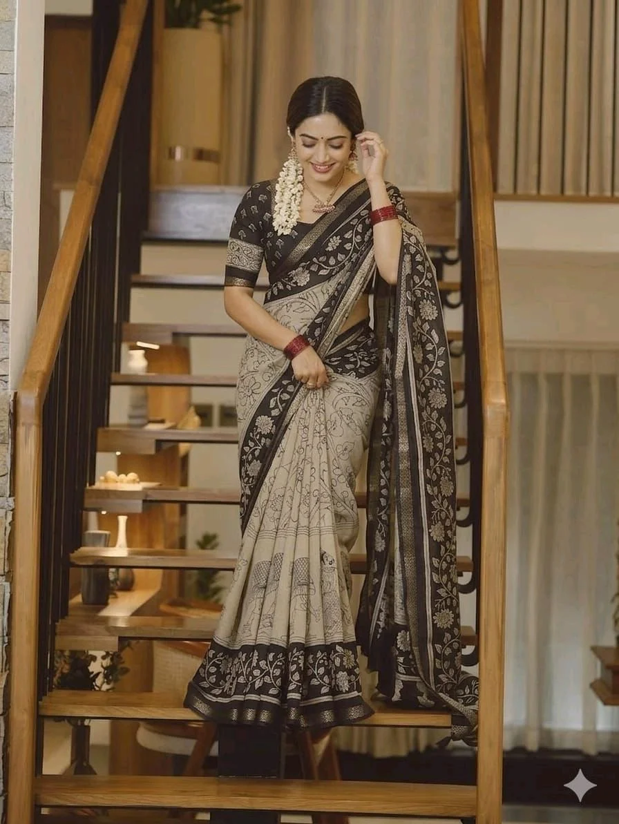 Kalamkari Print Cotton Saree with Traditional Border 8